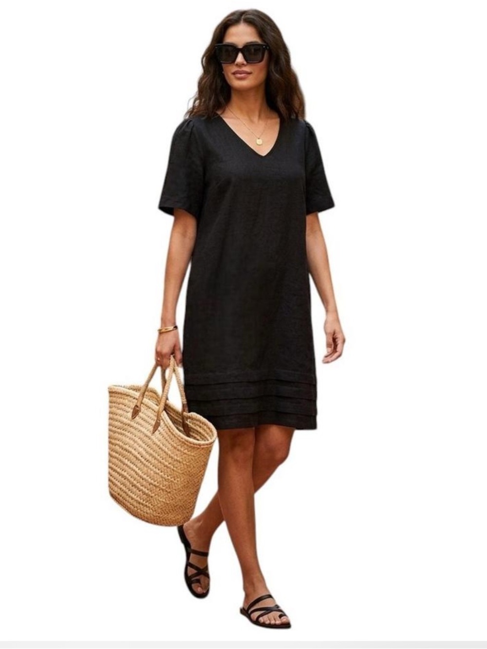 Original Nicole Miller Size Small Black Linen Blend Short Sleeve Summer Dress